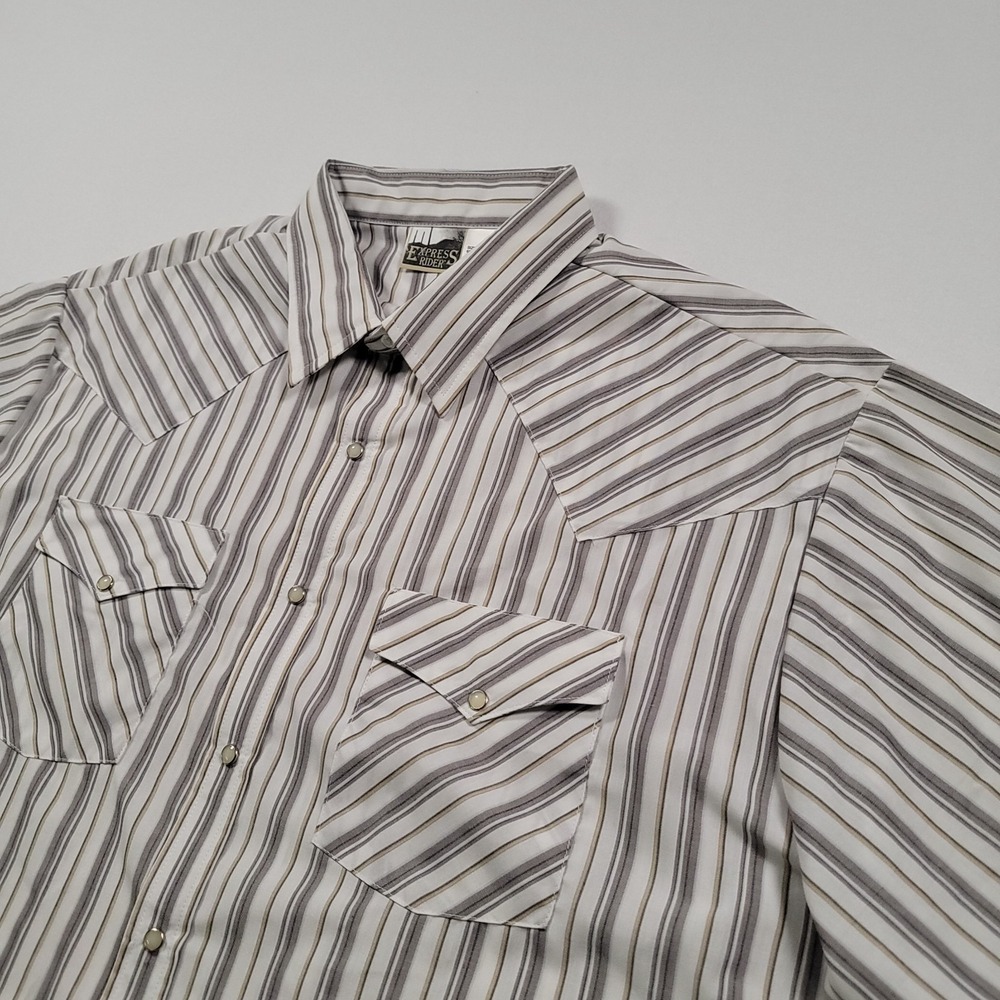 Express Rider's‎ Men Western Snap Shirt XL Striped Short Sleeve Beige Brown